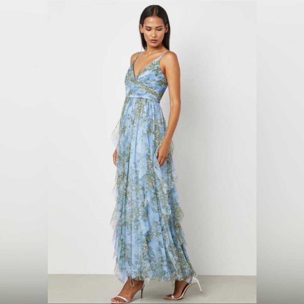 BCBGMaxAzria Blue Floral Evening Wedding Guest Maxi Dress